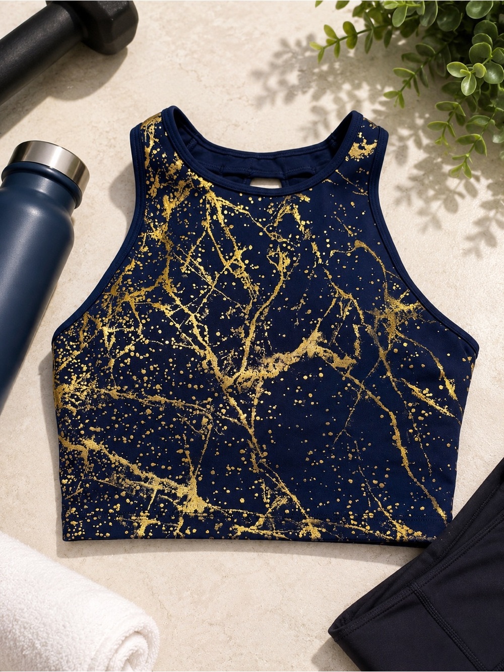 Marika XS Navy Gold Marble Print High Neck Racerback Sports Bra Activewear